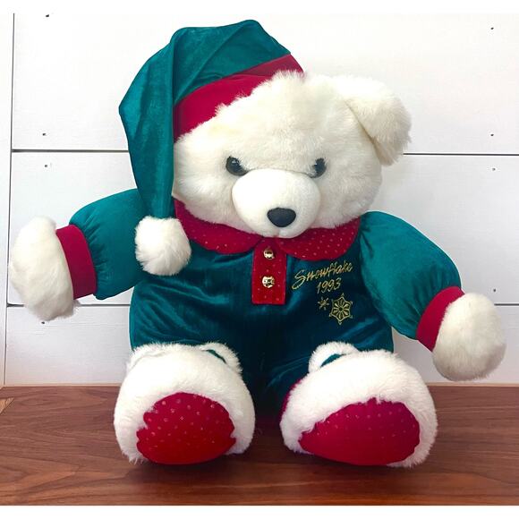 TB Trading Vintage Snowflake Teddy Bear White Green Velour Stuffed Animal - Picture 1 of 13